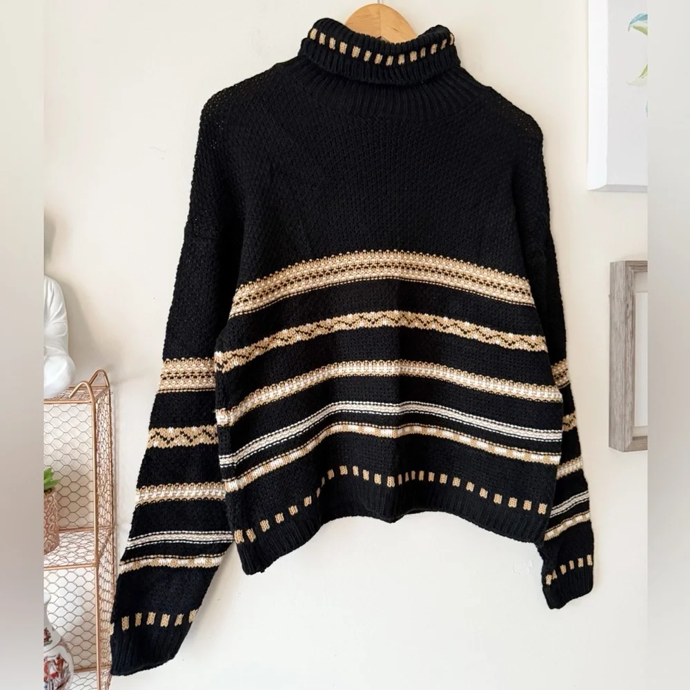 Vintage 90s Y2K Black Tan Striped Turtleneck Sweater Made in the USA Size Large
